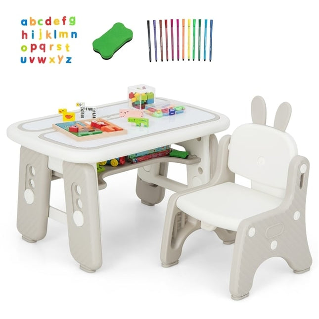 Ensemble table et chaises pour enfants, table et chaises artificielles pour tout-petits avec étagère à charnières, gris