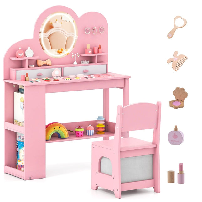 Kinderschminktisch-Set mit Lichtern und Stuhl, Rosa