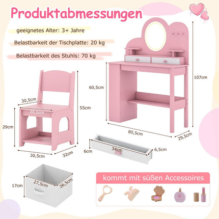 Kinderschminktisch-Set mit Lichtern und Stuhl, Rosa