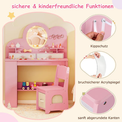 Kinderschminktisch-Set mit Lichtern und Stuhl, Rosa