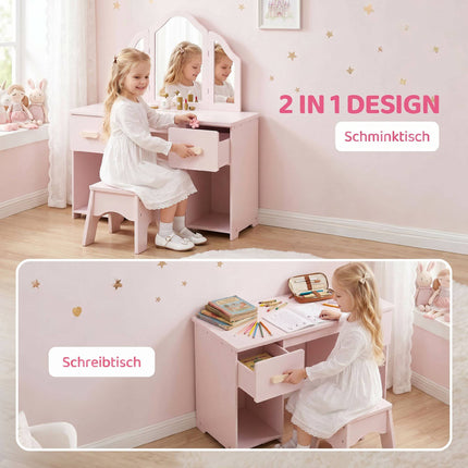 Children's Vanity Table Set with Stool and Mirror, Pink