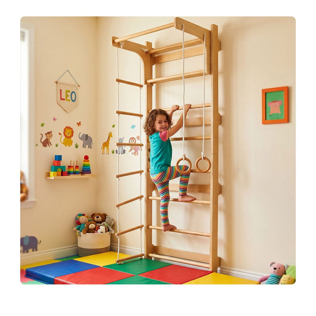 Sprossenwand mit Klimmzugstange für Kinder, Naturholz