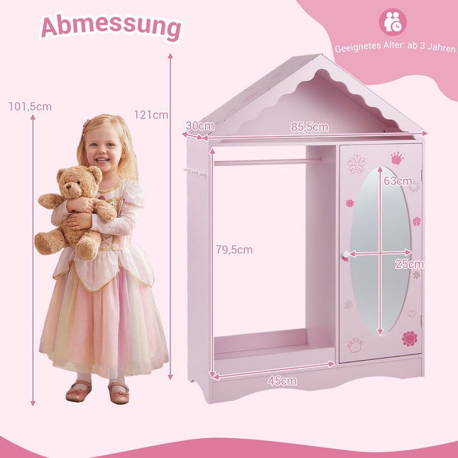 Kinderkleiderschrank mit Spiegel, Rosa/Weiß, Dachdesign