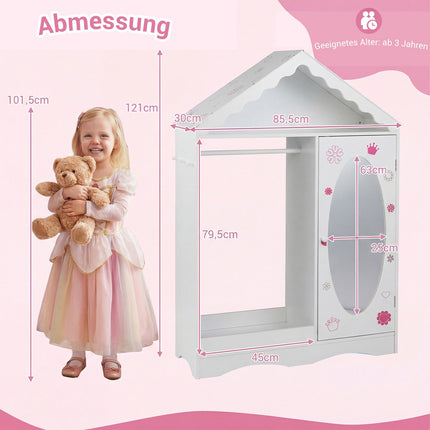 Kinderkleiderschrank mit Spiegel, Dachdesign, Pink/Weiß