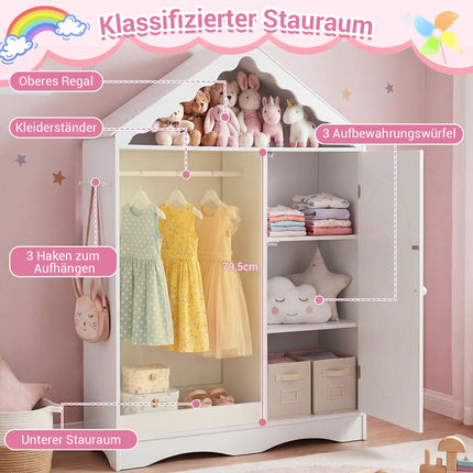 Kinderkleiderschrank mit Spiegel, Dachdesign, Pink/Weiß