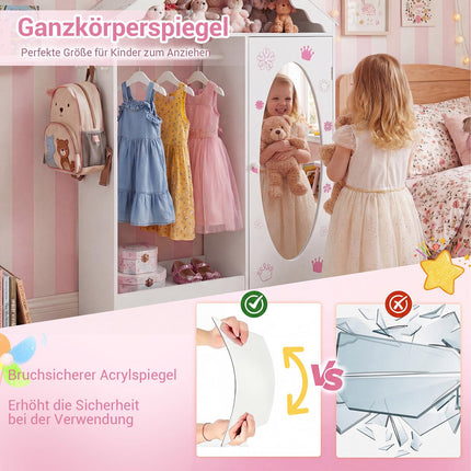 Kinderkleiderschrank mit Spiegel, Dachdesign, Pink/Weiß