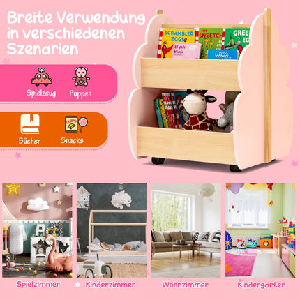 Kinder Bücherregal aus Holz mit Rollen, 2-stufig, Rosa