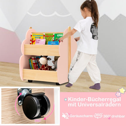 Kinder Bücherregal aus Holz mit Rollen, 2-stufig, Rosa