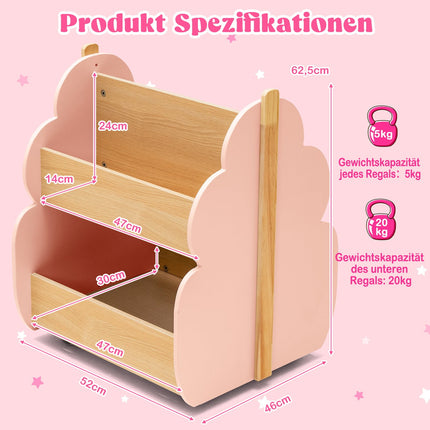 Kinder Bücherregal aus Holz mit Rollen, 2-stufig, Rosa