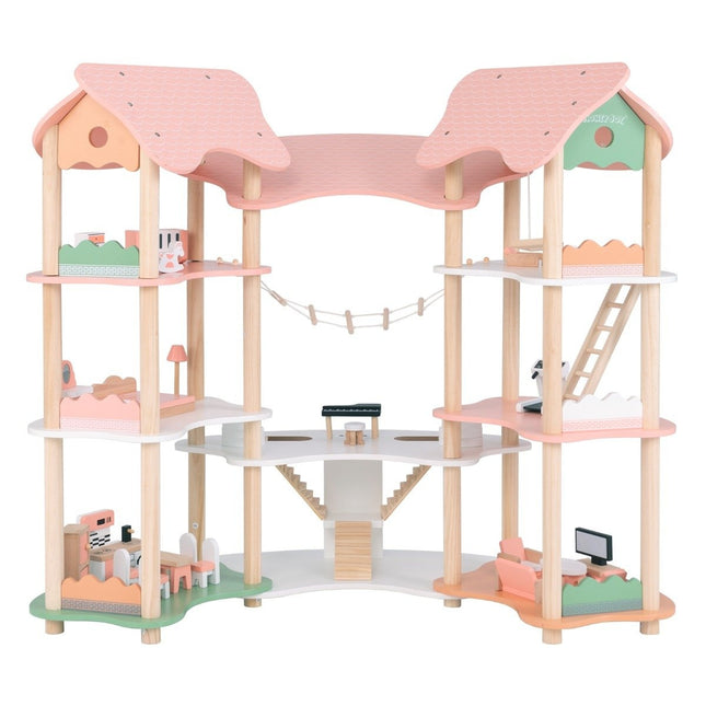 Kinder Puppenhaus aus Holz mit 32 realistischen Möbeln, Zubehör und Dächern DIY Traumhaus