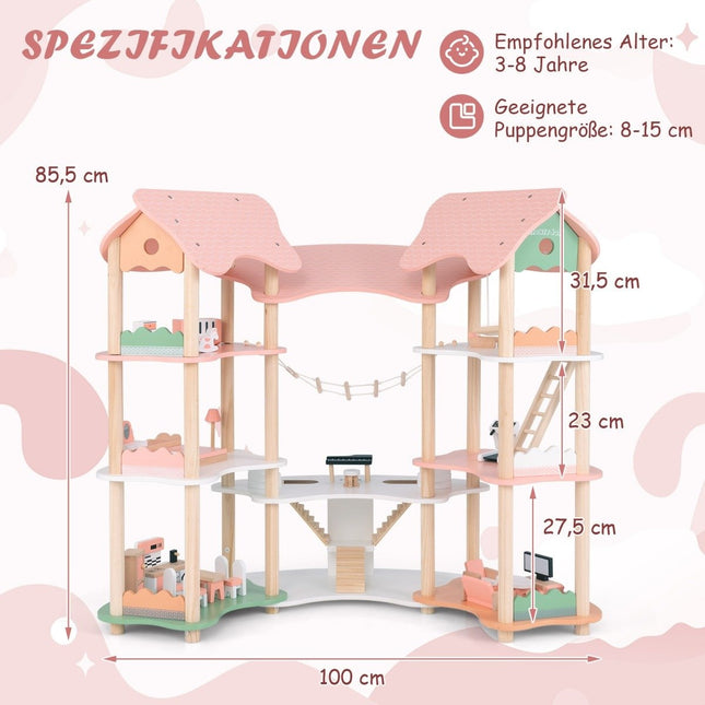 Kinder Puppenhaus aus Holz mit 32 realistischen Möbeln, Zubehör und Dächern DIY Traumhaus
