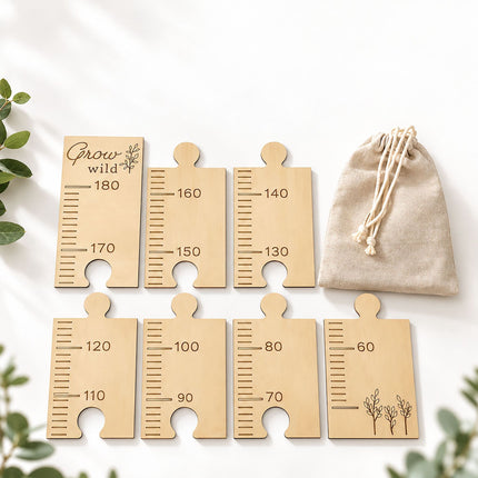 Children's Wooden Height Chart 50 to 180 cm, Puzzle Pieces, Pine, Natural