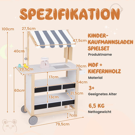 Eiswagen aus Holz für Kinder mit 6 Spielzeugen und Regalen