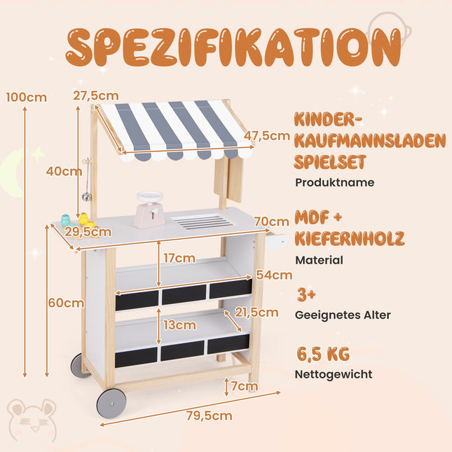 Children's Wooden Ice Cream Cart with 6 Toys & Shelves