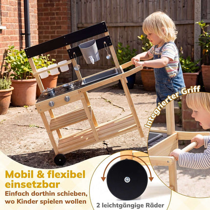 Children's Wooden Mud Kitchen with Wheels and Accessories
