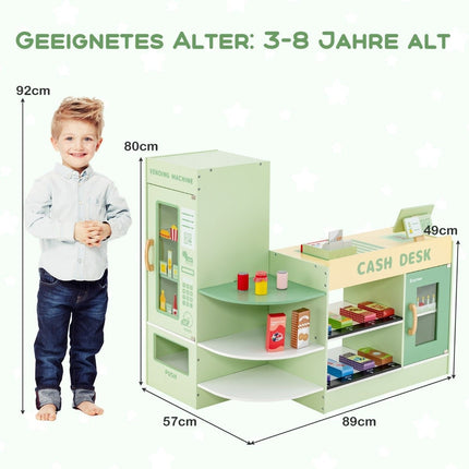 Houten kinderspeelwinkel met zijbalie, groen, 89x57x80 cm