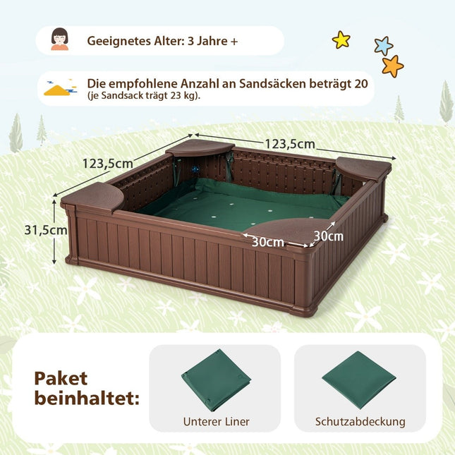 Kinderholzsandkasten mit Abdeckung und Sitzen