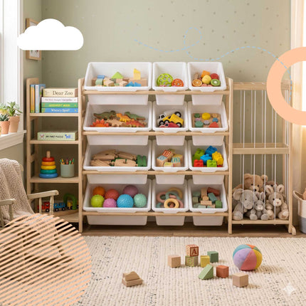Children's Wooden Shelf with 12 Removable Boxes