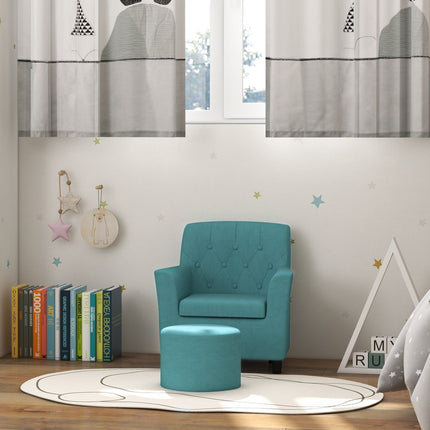 Kindersessel und Sofa mit Fußhocker, blaues Leinen