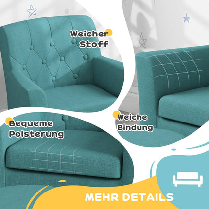 Kindersessel und Sofa mit Fußhocker, blaues Leinen
