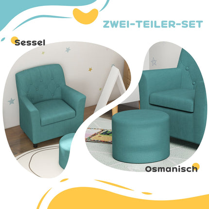 Kindersessel und Sofa mit Fußhocker, blaues Leinen