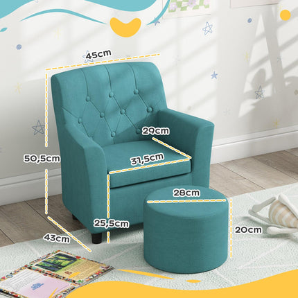 Kindersessel und Sofa mit Fußhocker, blaues Leinen
