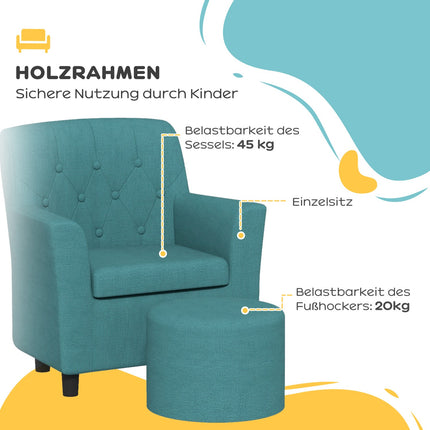 Kindersessel und Sofa mit Fußhocker, blaues Leinen