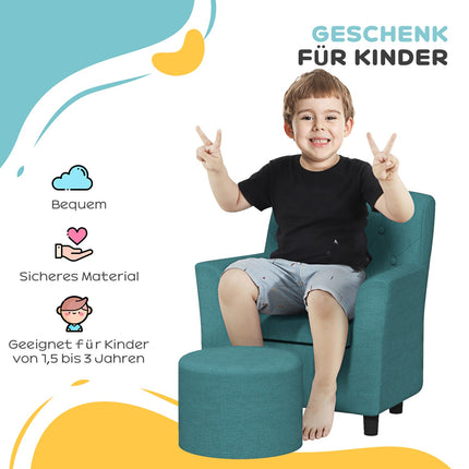 Kindersessel und Sofa mit Fußhocker, blaues Leinen