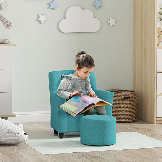 Kindersessel und Sofa mit Fußhocker, blaues Leinen