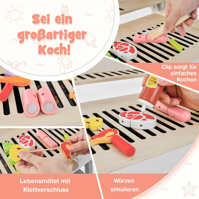 Kindergrill-Spielset, Spielküche aus Holz mit Halterung, 4 Grillstäben, Spielzeug-Grillset