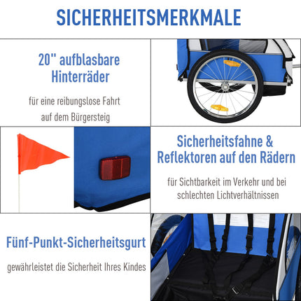 Fahrradanhänger aus Stahlrahmen für Kinder, 2-Sitzer mit Sicherheitsgurt