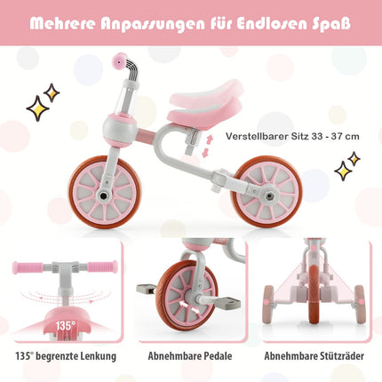 Kinderfahrrad 4-in-1 Vorschulfahrrad mit Elternschiebegriff 37 x 72 x 101 cm Rosa