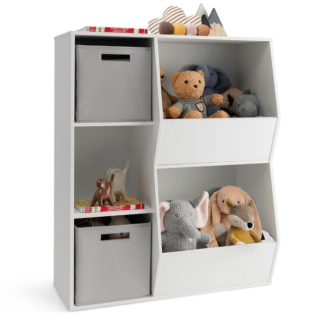 Kinderbücherregal 3-stöckiges Kinderregal mit 2 Boxen und 5 Fächern 77 x 29 x 94 cm Weiß + Grau