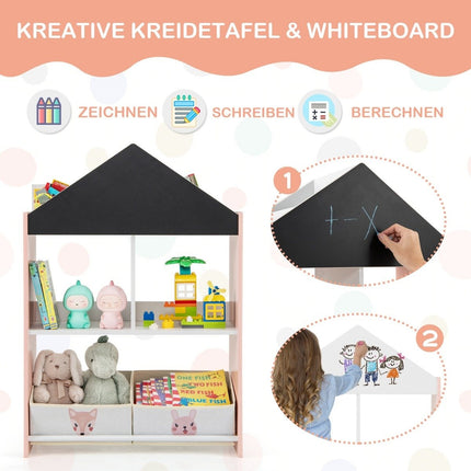 Kinderbücherregal mit Tafel &amp; 2 Boxen &amp; 6 Fächern Kinderregal Kinderzimmerregal Rosa