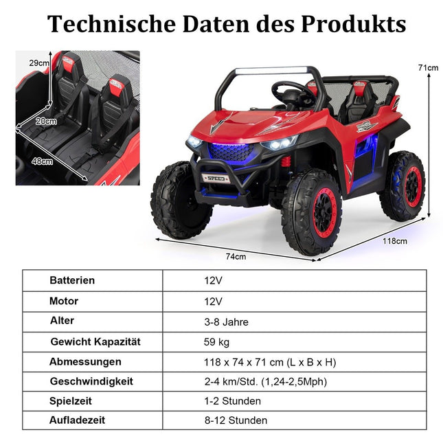 Kinderauto, mobiles Geländefahrzeug mit 2 Sitzen und Fernbedienung, 118 x 74 x 71 cm, rot