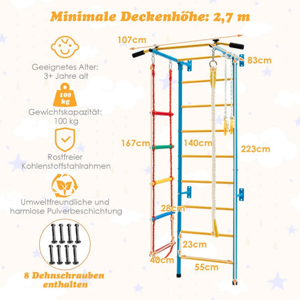Kinderkletterwand Heimsportgerät für Kinder bis 100 kg 107 x 83 x 223 cm Blau und Gelb