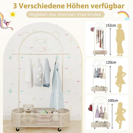 Children's clothes rack height adjustable from 130cm/150cm/182cm coat stand on wheels white
