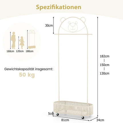Children's clothes rack height adjustable from 130cm/150cm/182cm coat stand on wheels white