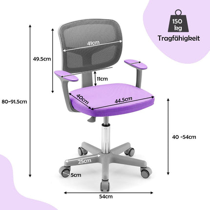 Children's desk chair 360° rotatable youth chair 80-91.5cm height adjustable 54 x 50 x 80-91.5cm purple
