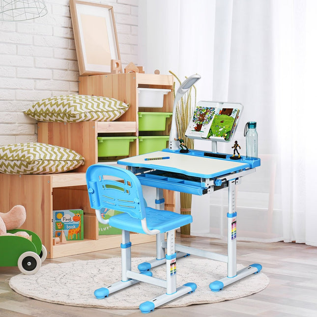 Kinderschreibtisch, neigungsverstellbar, Schülerschreibtisch mit Lampe und Stuhl, Farbauswahl: blau