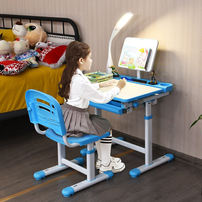 Kinderschreibtisch, neigungsverstellbar, Schülerschreibtisch mit Lampe und Stuhl, Farbauswahl: blau