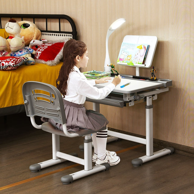 Kinderschreibtisch, neigungsverstellbar, Schülerschreibtisch mit Lampe und Stuhl, Farbauswahl: Grau