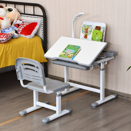 Kinderschreibtisch, neigungsverstellbar, Schülerschreibtisch mit Lampe und Stuhl, Farbauswahl: Grau