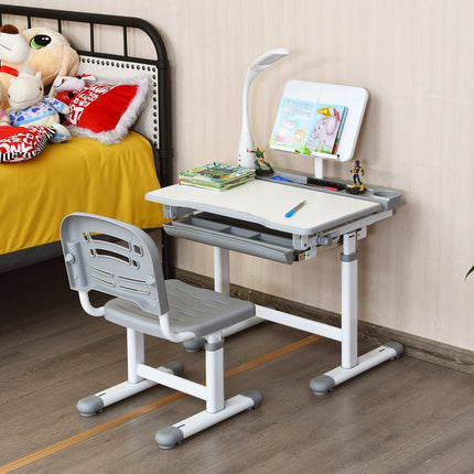 Kinderschreibtisch, neigungsverstellbar, Schülerschreibtisch mit Lampe und Stuhl, Farbauswahl: Grau