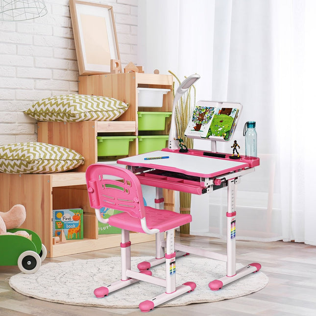 Kinderschreibtisch neigungsverstellbar Schülerschreibtisch mit Lampe und Stuhl Farbauswahl: Rosa