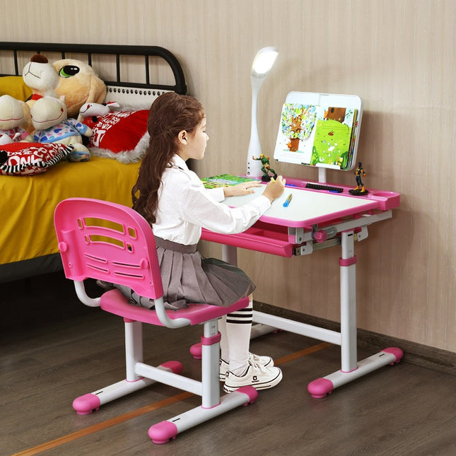 Kinderschreibtisch neigungsverstellbar Schülerschreibtisch mit Lampe und Stuhl Farbauswahl: Rosa