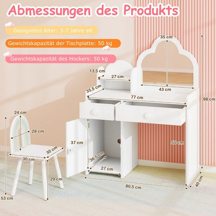 Coiffeuse enfant 2 en 1 en forme de nuage avec tabouret et table de maquillage blanche