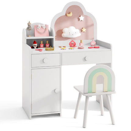 Coiffeuse enfant 2 en 1 en forme de nuage avec tabouret et table de maquillage blanche