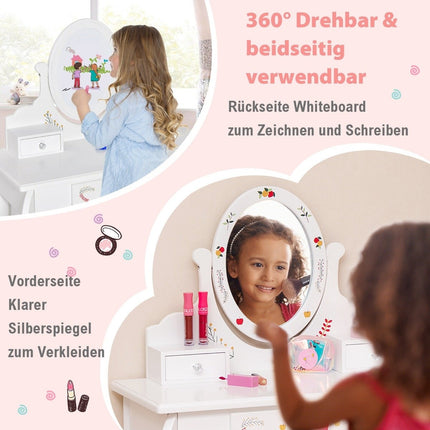 Children's dressing table & stool set dressing table with 360° rotating mirror white