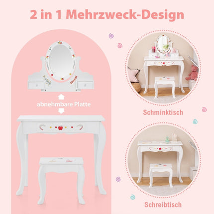 Children's dressing table & stool set dressing table with 360° rotating mirror white